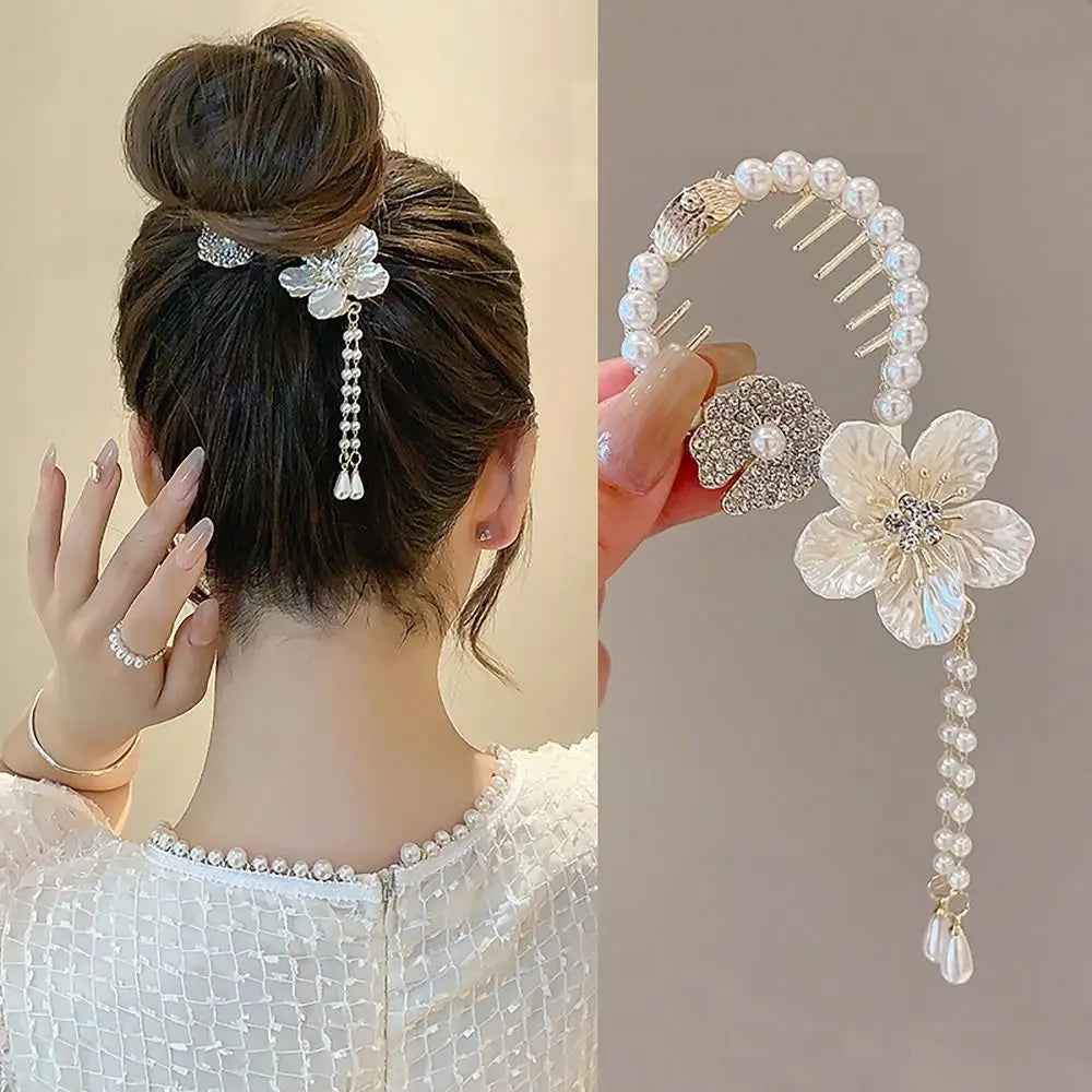 Elegant Retro Meatball Hair Clasp Clip Floristic Pearl Chain Tassels Hair Claw Ponytail Hairpins Women