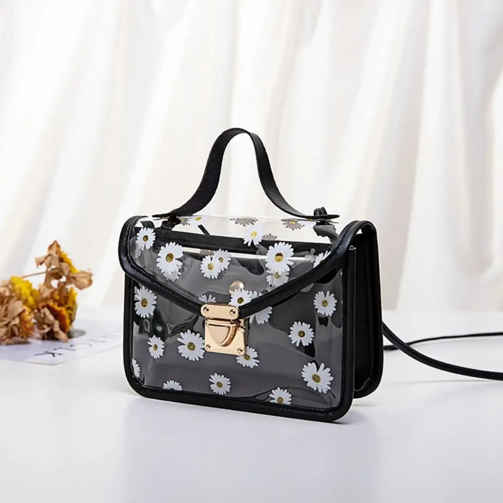 Fashion Women Transparent Daisy Pattern Shoulder Bag Hardware Chain Strap Messenger Handbag Composite Tote