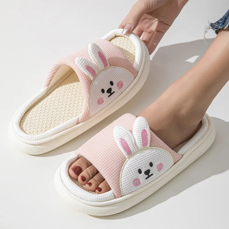 Linen Platform Slippers Women Home Cute Cartoon Rabbit Designer Shoes Girls Fashion Casual House Slipper Ladies Elegant Open Toe