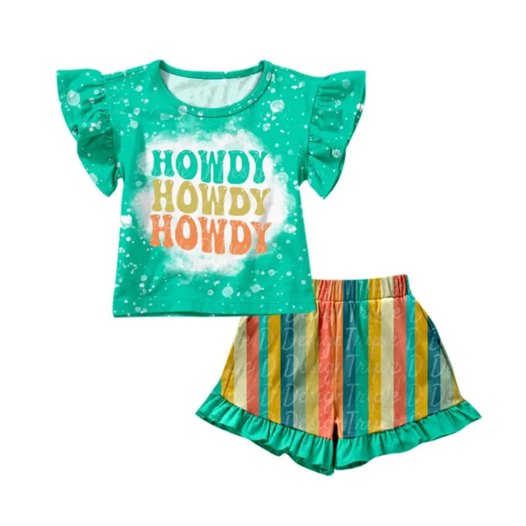 Summer Boutique Girls Children's Wear Green Flutter Sleeves Striped Shorts Two-piece Set Cute Kids's Clothing Wholesale