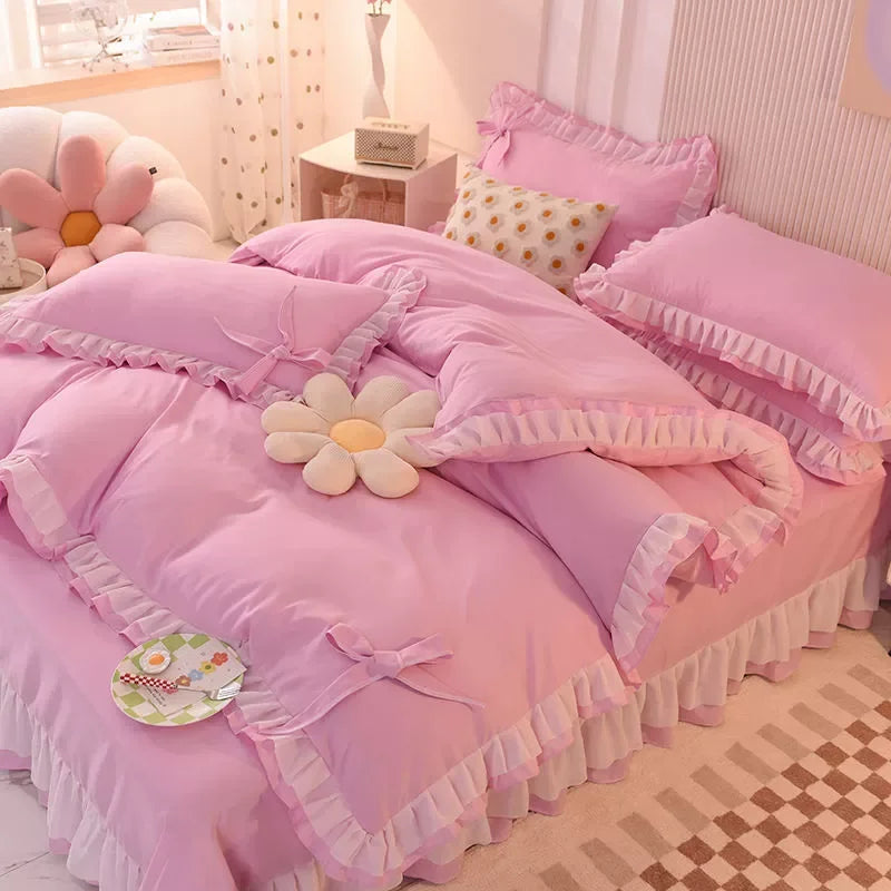 Purple Bedding Sets Kawaii Seersucker Bed Sheet Pillowcase Fashion Girl Princess Duvet Cover 4 Pieces Cute Home Decoration