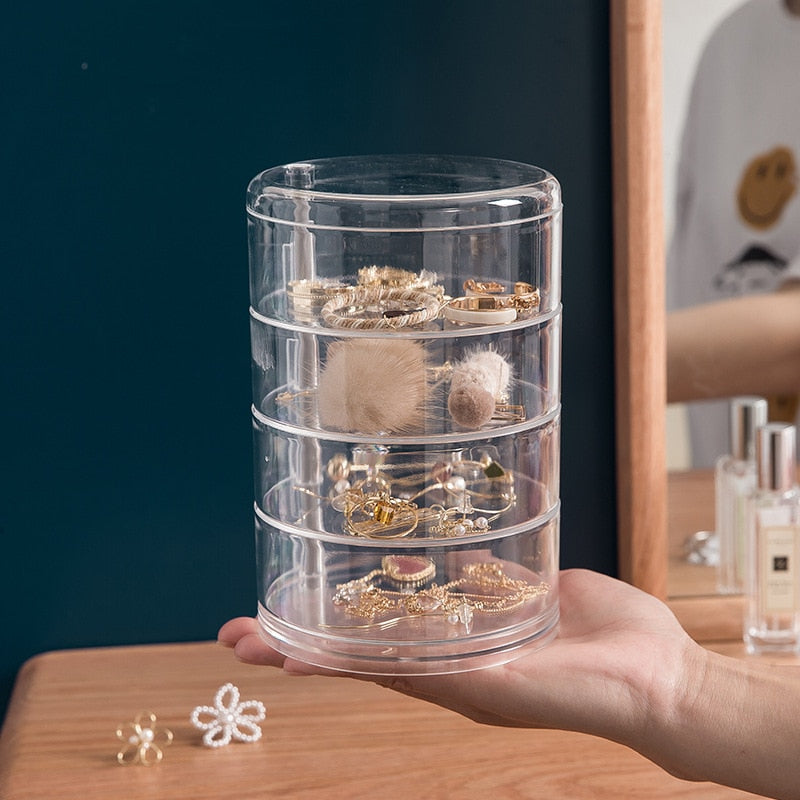 Rotating Jewelry Storage Box Makeup Storage Rack Bracelet Earring Round Plastic Organizer Boxes Holder Display Rack with Cover