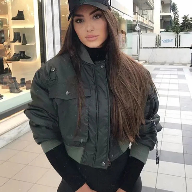 2024 stylish lady autumn winter merodi  green short jackets women fashion long sleeve zipper bomber jacket outwear women's coat