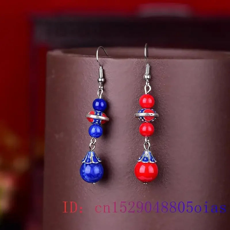 Blue Jade Beaded Earrings Chalcedony Fashion Gift Designer Women Drop Jewelry Talismans 925 Silver Gemstone Natural Carved