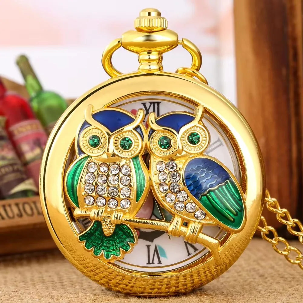 Gold handicraft pendant diamond studded retro owl pocket watch chain birthday gift