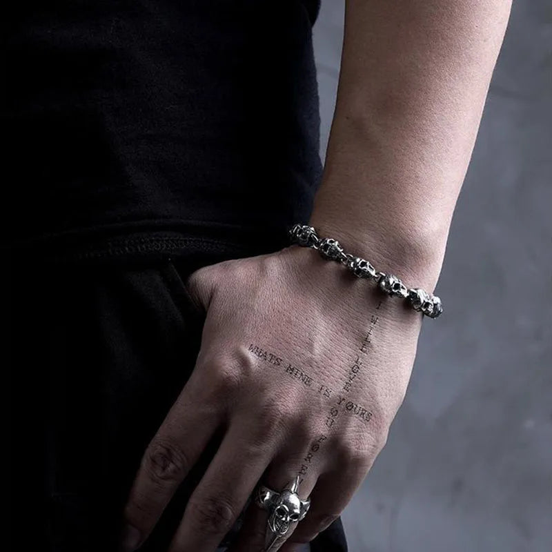 S925 Silver  Handmade Skull Motorcycle Hand String Trend Men's and Women's Skeleton Vintage Punk Bracelet