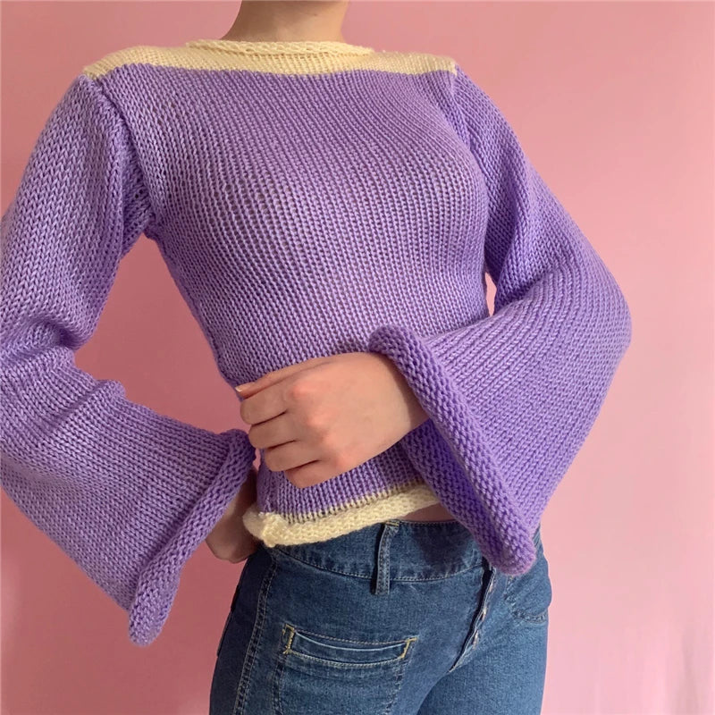 Dourbesty Rainbow Curled Sweater Women Fashion Flared Long Sleeve Loose Knitted Pullovers Fairy Harajuku Vintage Clothes Autumn