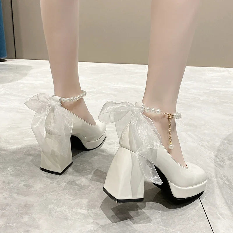 Ladies High Heels Elegant Bow Square Toe Black Fashion Women's Pumps Thick Heel Wedding Party Pearl Lace Wedding Shoes for Women