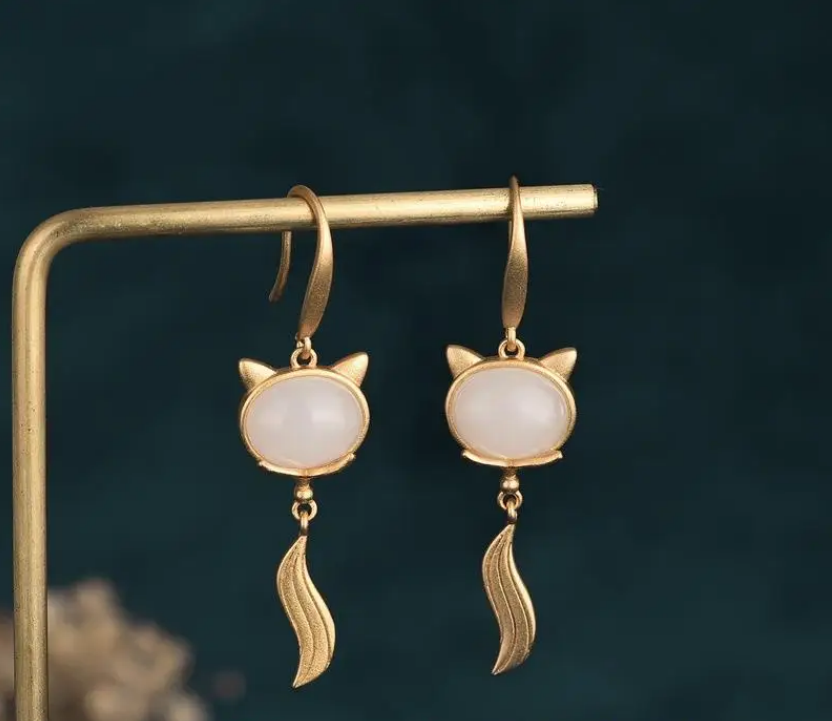 White Jade Fox Earrings Chalcedony Amulet Gifts Gemstone Women Charm Zircon Agate Crystal Jewelry 925 Silver Fashion Natural