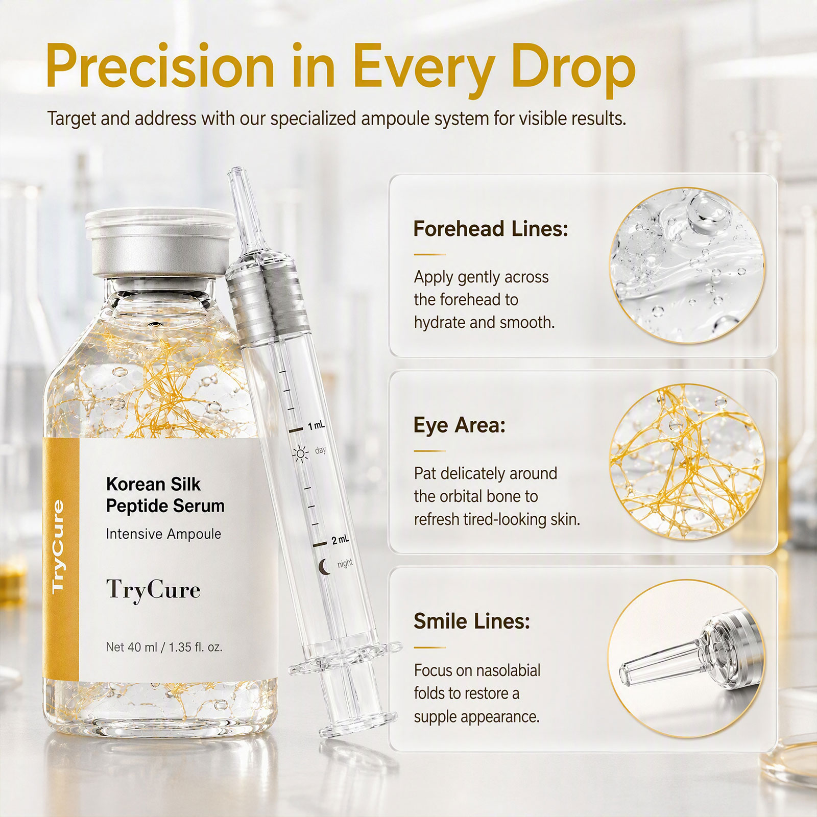 Trycure Korean Silk Peptide Ampoule, Korean Skincare Ampoule with Silk Peptide, EGF, 24K Gold & GHK-Cu, Improves Look of Elasticity & Radiance, Fast-Absorbing