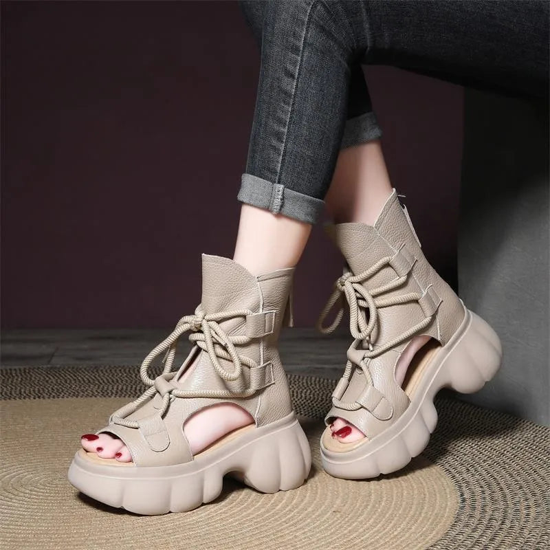 Genuine PU Leather Zip Retro Shoes Women Sandals 2024 New Ankle Boots Summer Handmade Hollow-out Lace-up Casual Platform Sandals