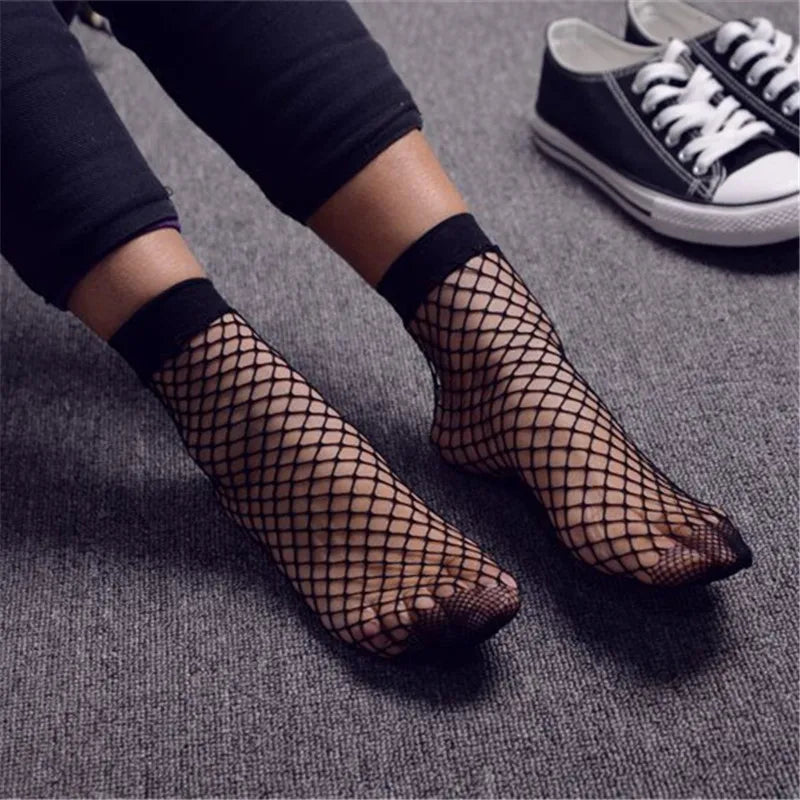 Punk Women Girls Sexy Black Hollow Out Breathable Mesh Fishnet Socks Female Gothic Stretchable Short Hosiery Ankle Socks