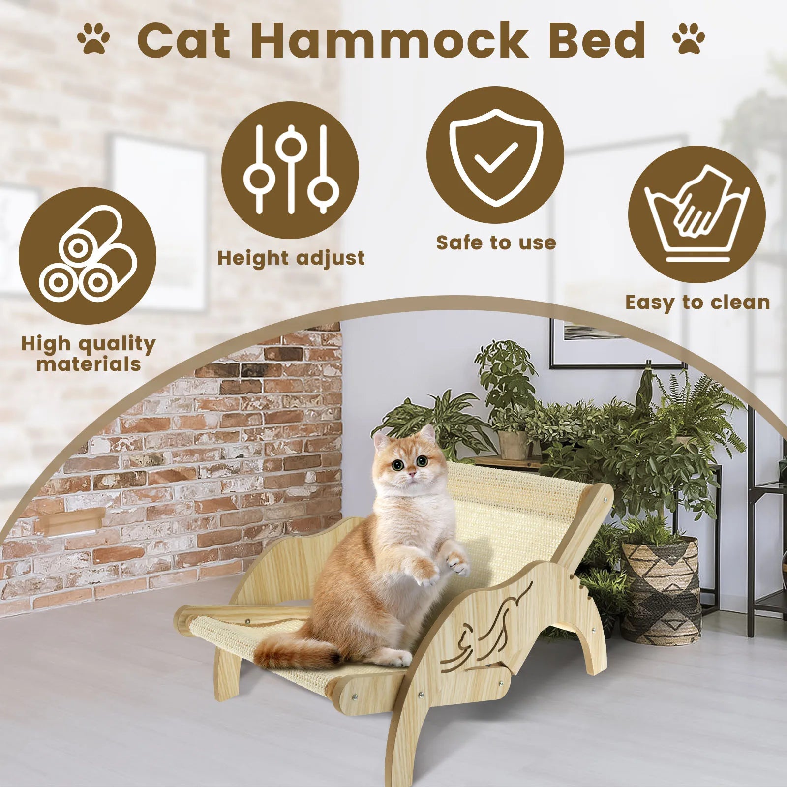 Cat Hammock Bed Adjustable Elevated Pet Wooden Chair Detachable Sisal Scratcher Height Lounge Small Dog Steel Bed