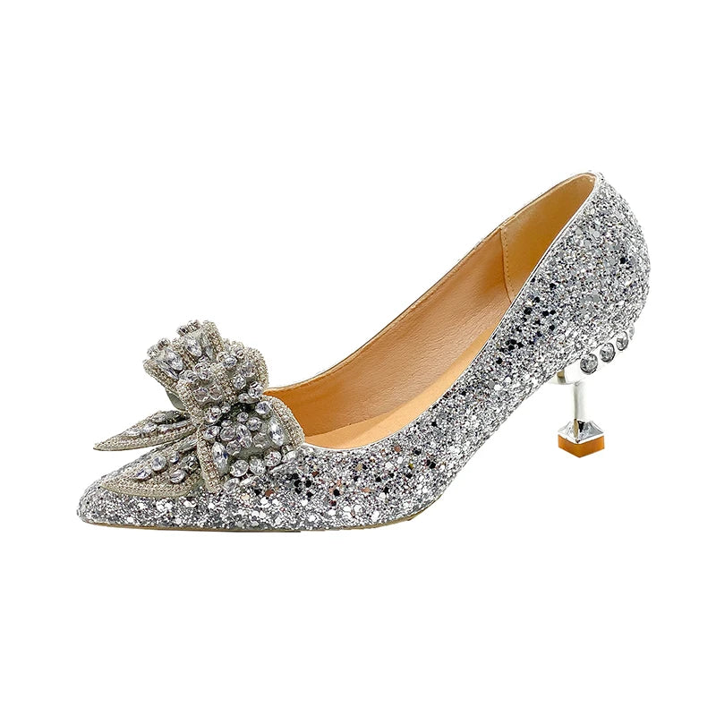Fad Crystal High Heels Shoes Sweet Bow Mary Jane Sandals Women 2024 New Autumn Sexy Dress Party Pumps Shallow Lolita Mujer Shoes
