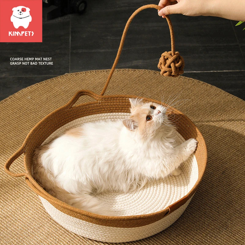 Kimpets Cat Bed Pet Nest Pure Manual Rattan Woven Cattailgrass Cat Scratch Board Removable Washable Winter Warm Pad All-Season