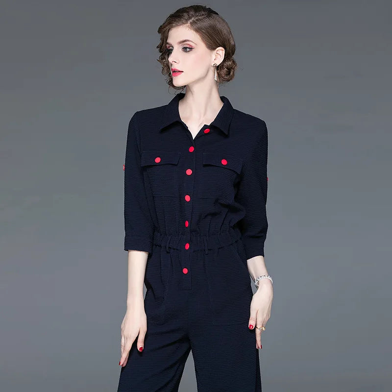 Women's 2024 autumn new fashion lapel cropped sleeves autumn section jumpsuit