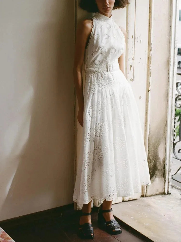 Women's Waisted Hollow Up Mirror Dress Embroidery Beach Style Long Dress Tide High Neck Street Rustic Sweet White Dresses