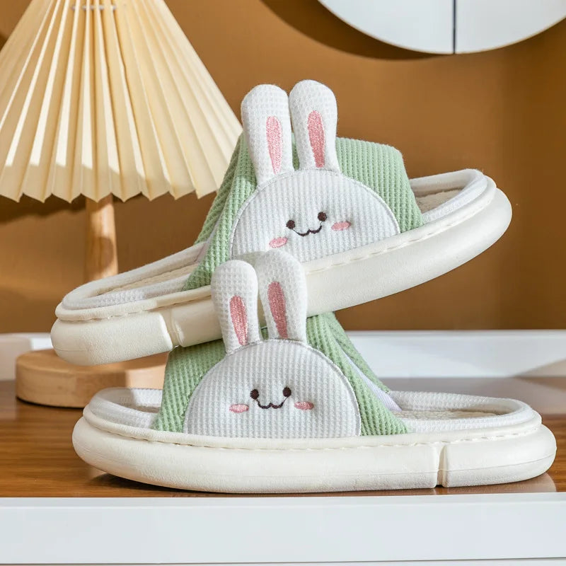 Linen Platform Slippers Women Home Cute Cartoon Rabbit Designer Shoes Girls Fashion Casual House Slipper Ladies Elegant Open Toe