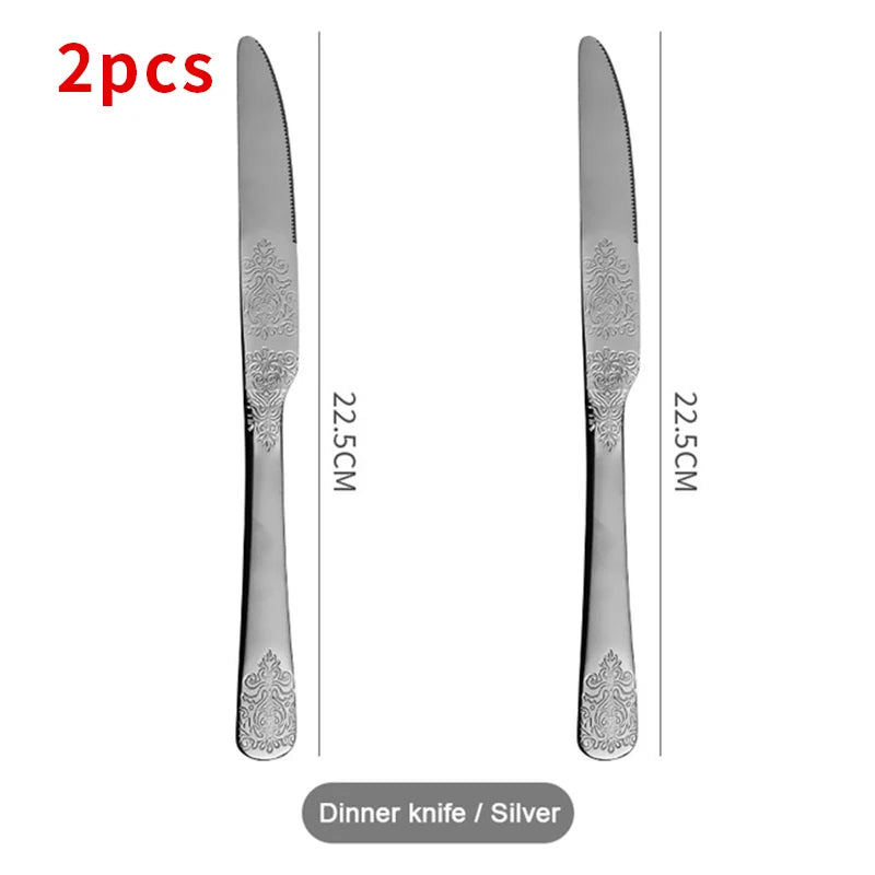 &Gold Luxury Cutlery Sets Fork Spoons Knife Silverware Kit Vintage Carved Tableware Set European Dinnerware For Home Kitchen