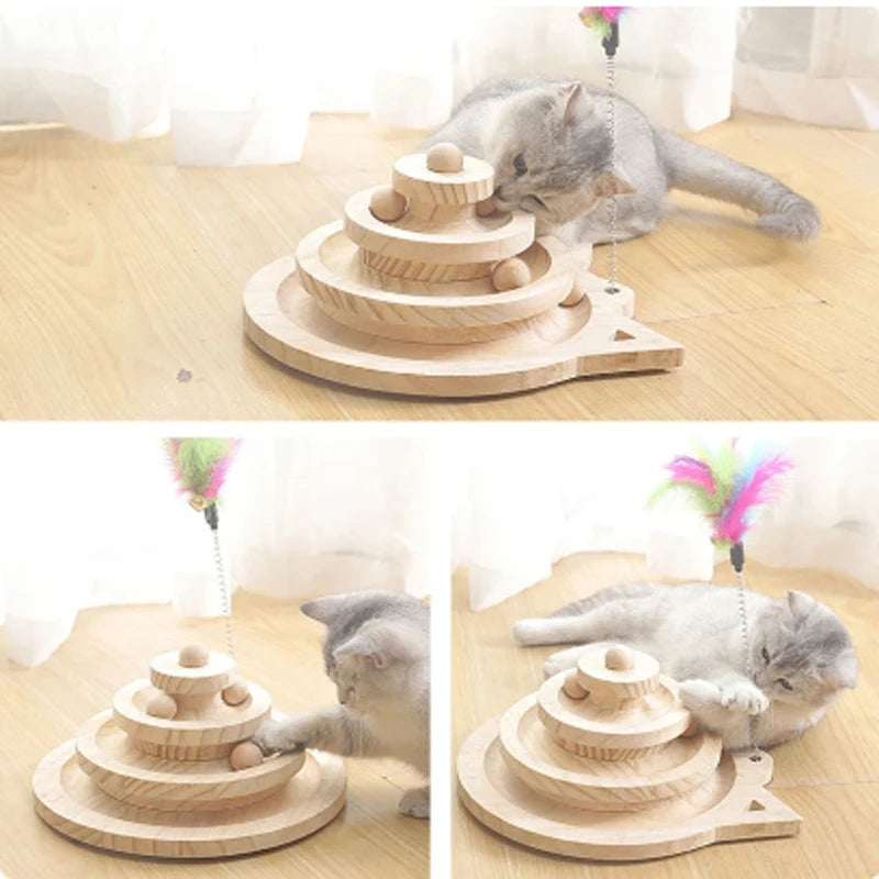 Wooden 2/3 Levels Pet Cat Toy Tower Tracks Disc Cat Intelligence Amusement Triple Play Disc Cat Toys Ball Training Toys