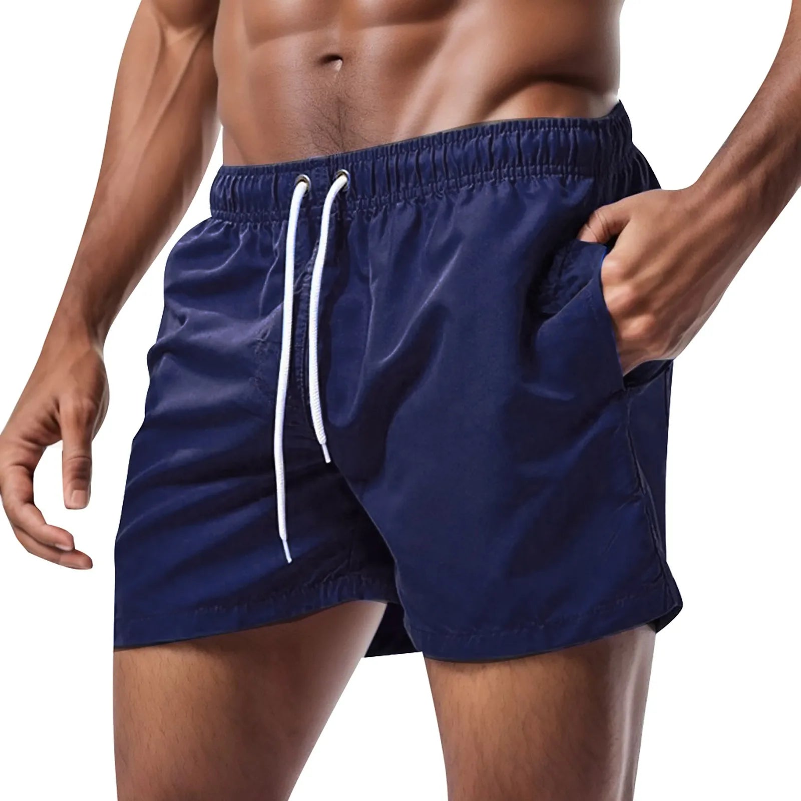 Summer Men'S Beach Shorts Fashion Solid Pocket Shorts Fitness Quick Dry Swimwear Beach Drawstring Breechcloth Bottoms