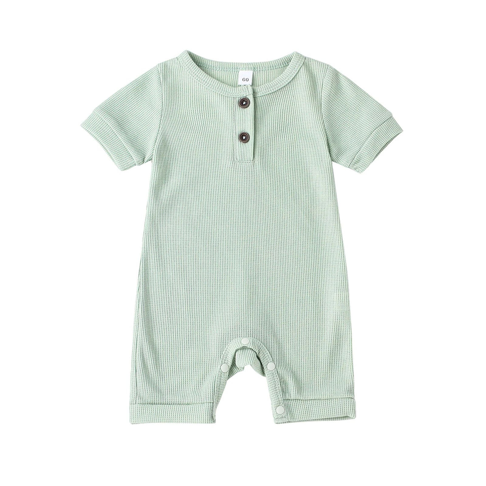 Lovely Baby Girls Boys Romper, Short Sleeve Round Neck Solid Color Ribbed Buttoned Short Pants for Summer Spring, Kids Clothing