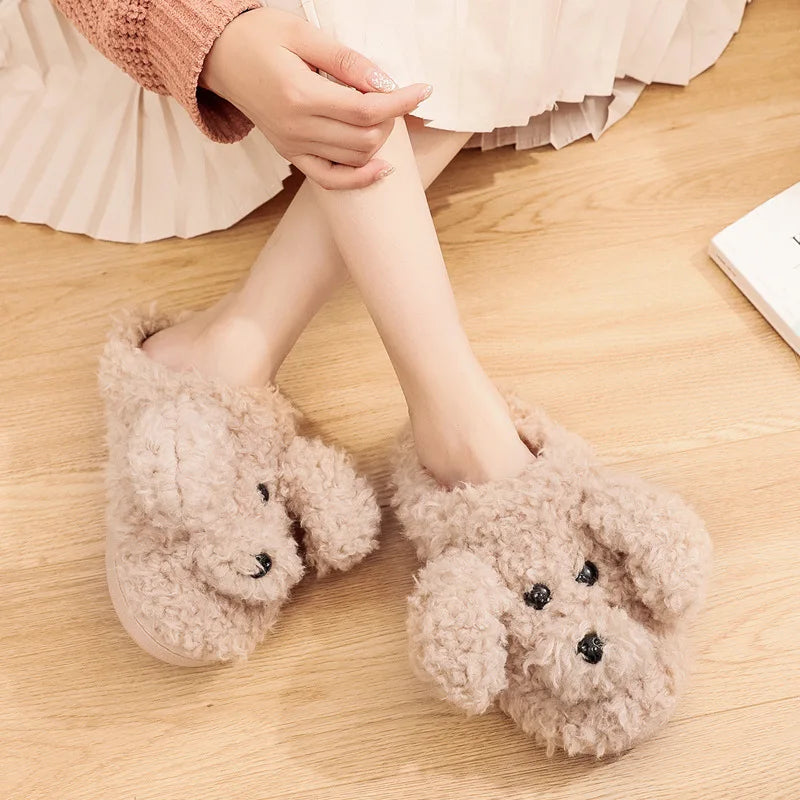 Pallene Short Fur Slippers For Women 2023 Winter Warm Furry Cozy Cotton Shoes For Home Indoor Cute Dog Couples Antiskid Slippers