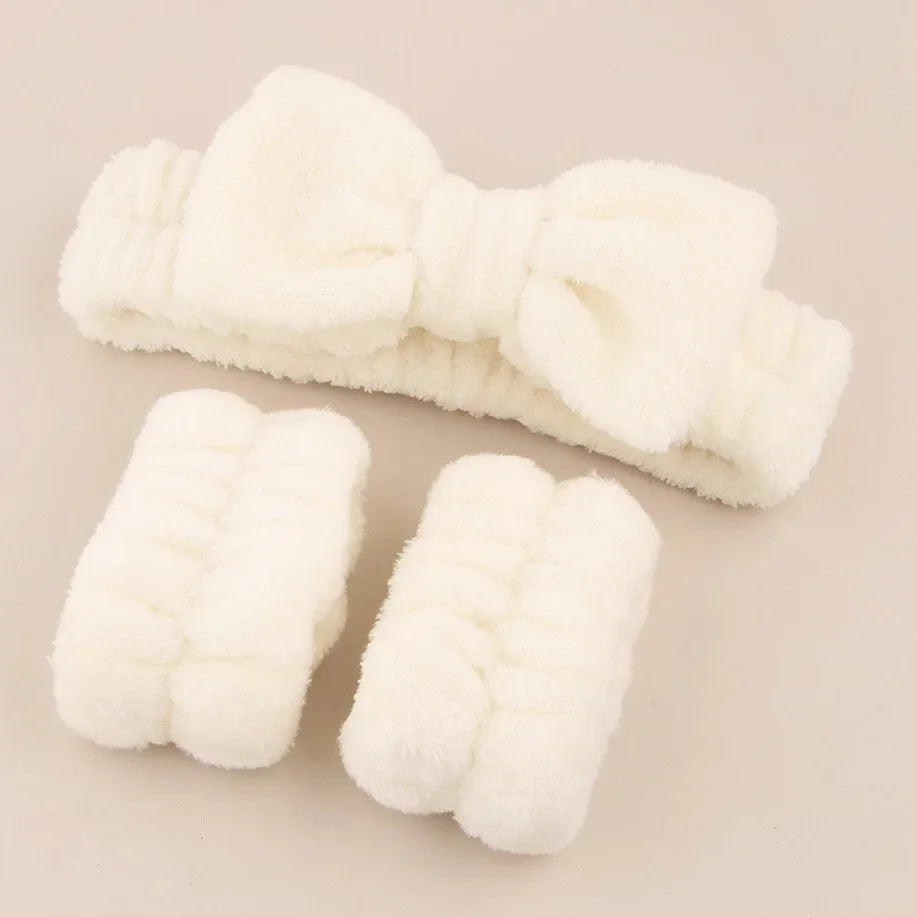 Face Wash Hair Band New Bow Three-Piece Set Water-Absorbent Waterproof And Moisture-Proof Hair Band Plush Wrist Strap