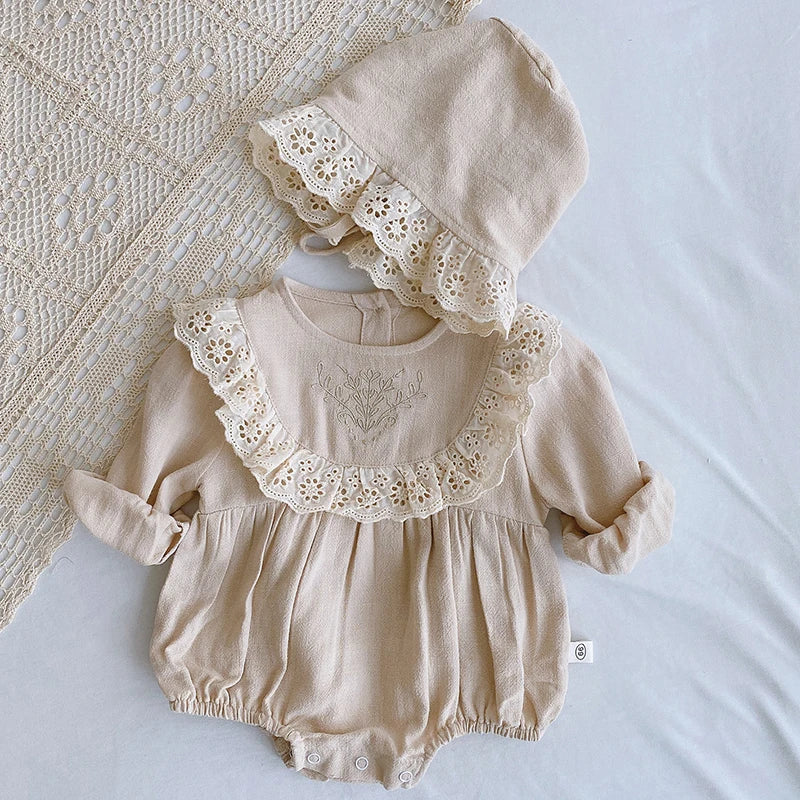 Infant Baby Girl Bodysuits+Hat Cotton Flower Embroidery Long Sleeve