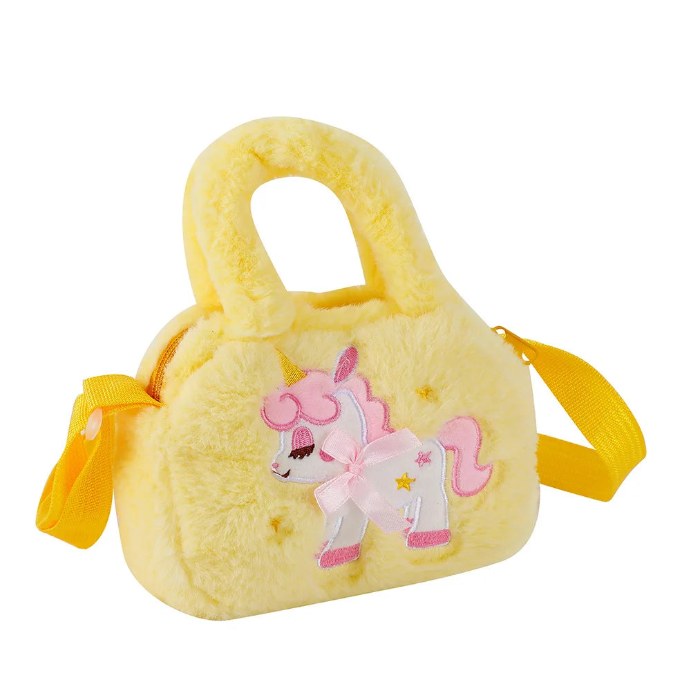 Kids Embroidery Unicorn Plush Toy Crossbody Purses Handbags Little Girls Rainbow Fluffy Purse Cute Cartoon Furry Shoulder Bag