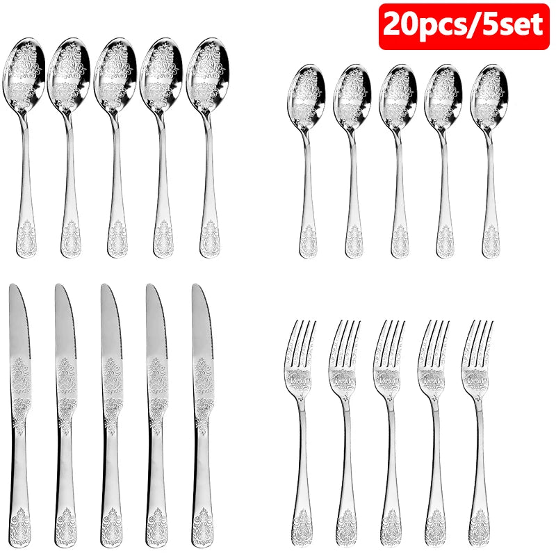 &Gold Luxury Cutlery Sets Fork Spoons Knife Silverware Kit Vintage Carved Tableware Set European Dinnerware For Home Kitchen