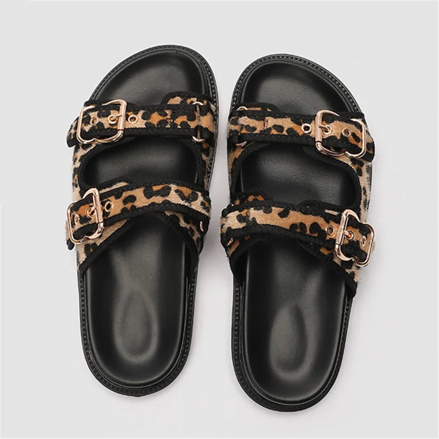 2024 New Leopard Print Women Slippers Summer Horsehair Thick Sole Sandals Metal Buckles Ladies Outdoor Beach Slides Big Size 43