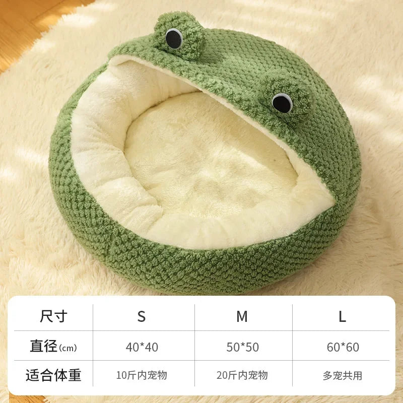 Plush Warm Green Cat Dog Beds Nesting Basket Frog Shape Cartoon Cat Kennel Beds Pet Accessories