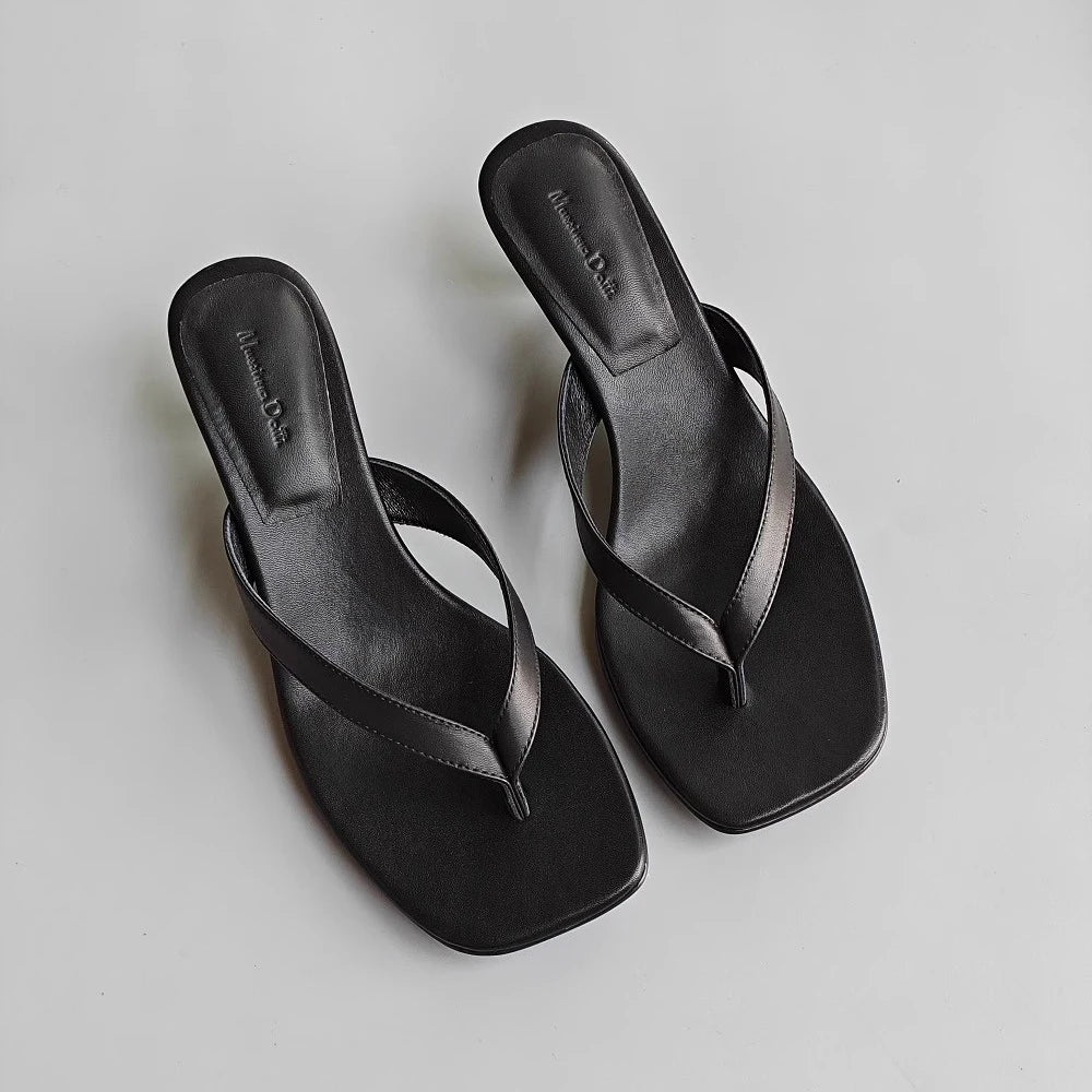 Spring Summer Fashion New Women Genuine Leather Mid Heel Flip-flops Slippers Versatile Simple Shoes Female Chic