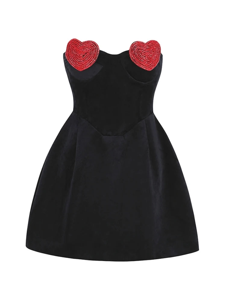 Sexy Strapless Heart Shape Crystal Design Mini Dress Women Black Velet Red Heart Diamond Design A-line Dress Evening Party Club