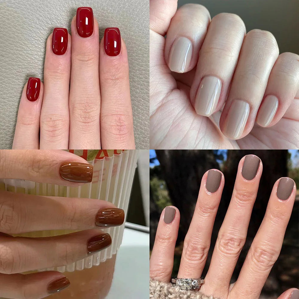 Red Pink Nude Brown Nail Art Fashion Solid Color Short Fake Nails Detachable Finished False Nails Press on Nails with Glue