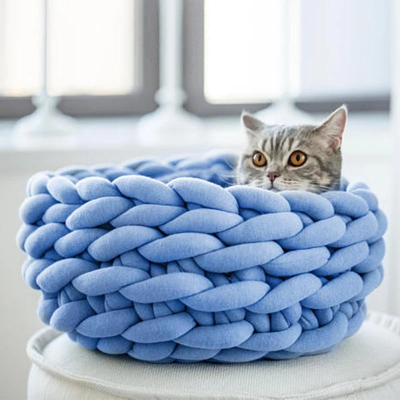 New Hand Woven Cat Nest Soft Shaggy Mat Indoor Dog Cat Bed Round Cat Cushion Warm Cat Sleep Basket Cat Kennel For Small Dog Cat