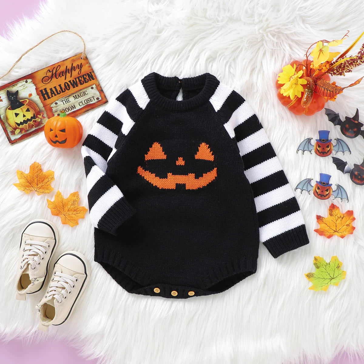 Halloween Baby Bodysuits Pumpkin Knit Newborn Boys Girls O Neck Long Sleeve Onesie Jumpsuits 0-18m Infant Toddler Winter Outfits