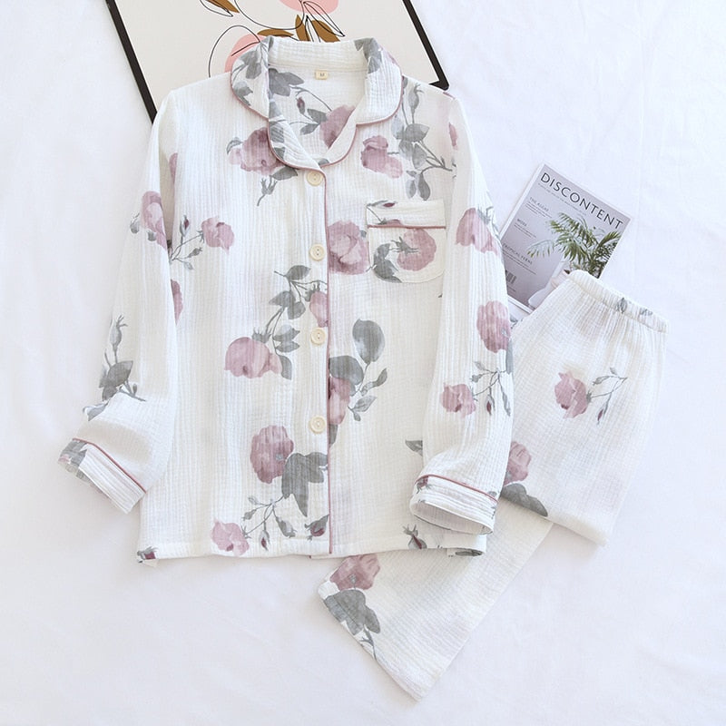 Spring New Ladies Pajamas Set Heart Printed Crepe Cotton Double-layer Gauze Turn-down Collar Long-sleeve Trousers Household Wear