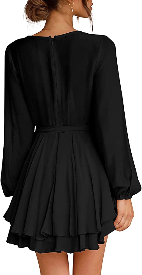Cosonsen Women's Dress Deep V-Neck Long Sleeve Waist Tie Ruffle Mini Swing Skater Dresses