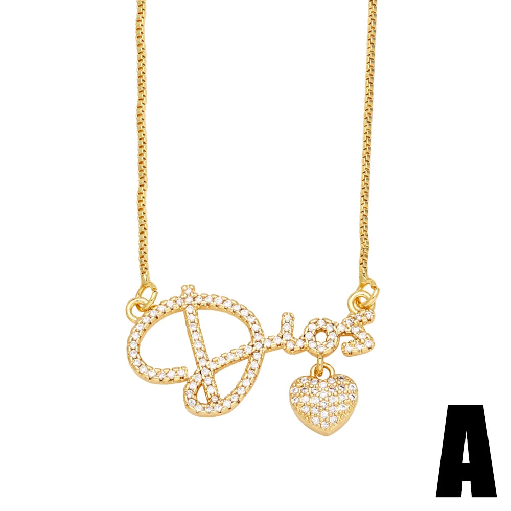 FLOLA Luxury Cz Crystal Heart Necklaces for Women Copper Gold Plated Letter Necklaces Dainty Jewelry Party Gifts nkeb857