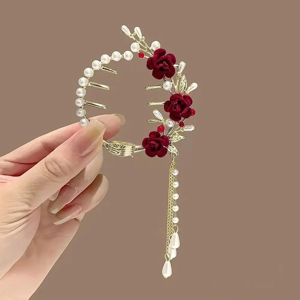 Elegant Retro Meatball Hair Clasp Clip Floristic Pearl Chain Tassels Hair Claw Ponytail Hairpins Women