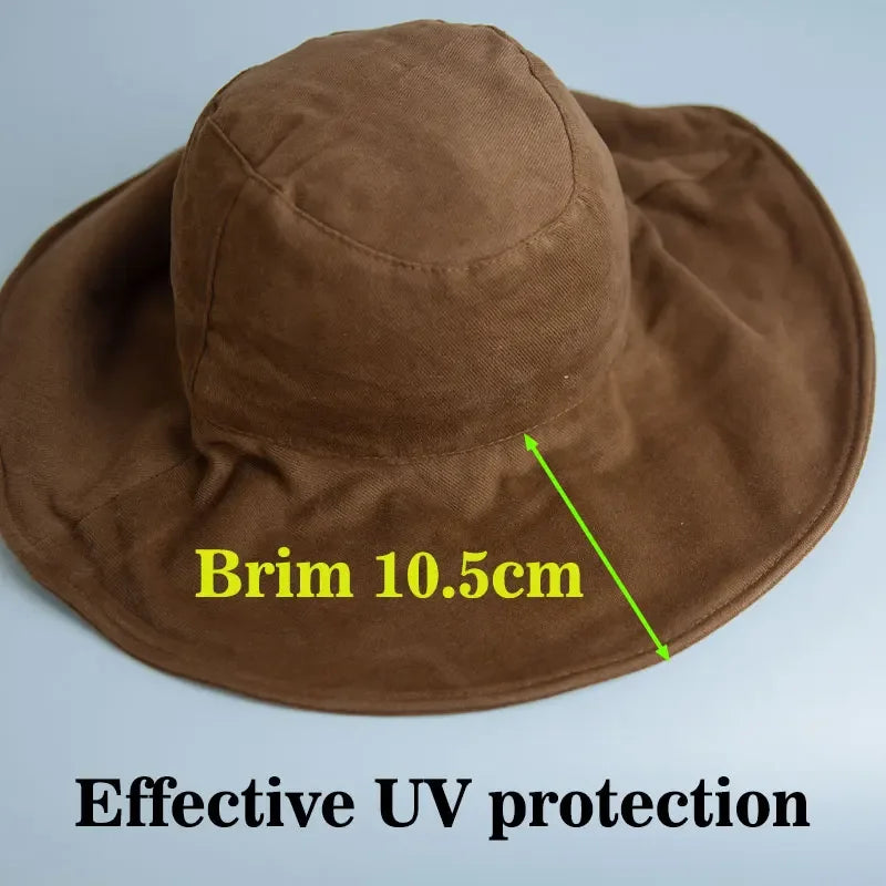 Fashion Large Brim Sun Hat Women Outdoor Vacation Bucket Hat Ladies Daily Beach Foldable Hat Girl Cotton UV Protection Visor Hat