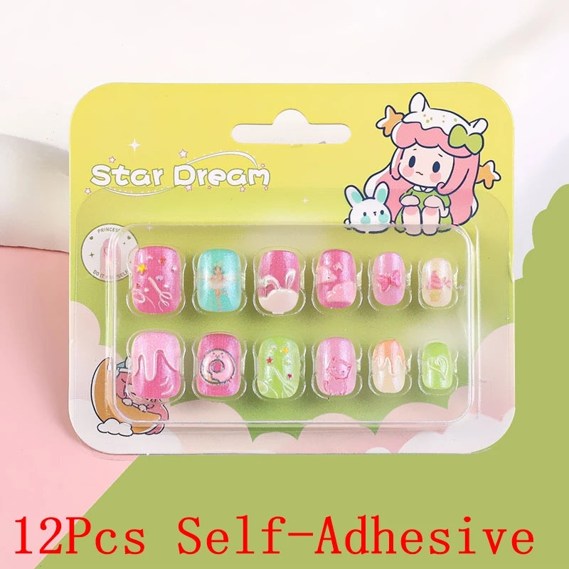 12pcs/Box Children Acrylic Fake Nails Safe Non-Toxic Adhesive Fake Nail DIY Artificial Fingernails for Girls Children's Day Gift