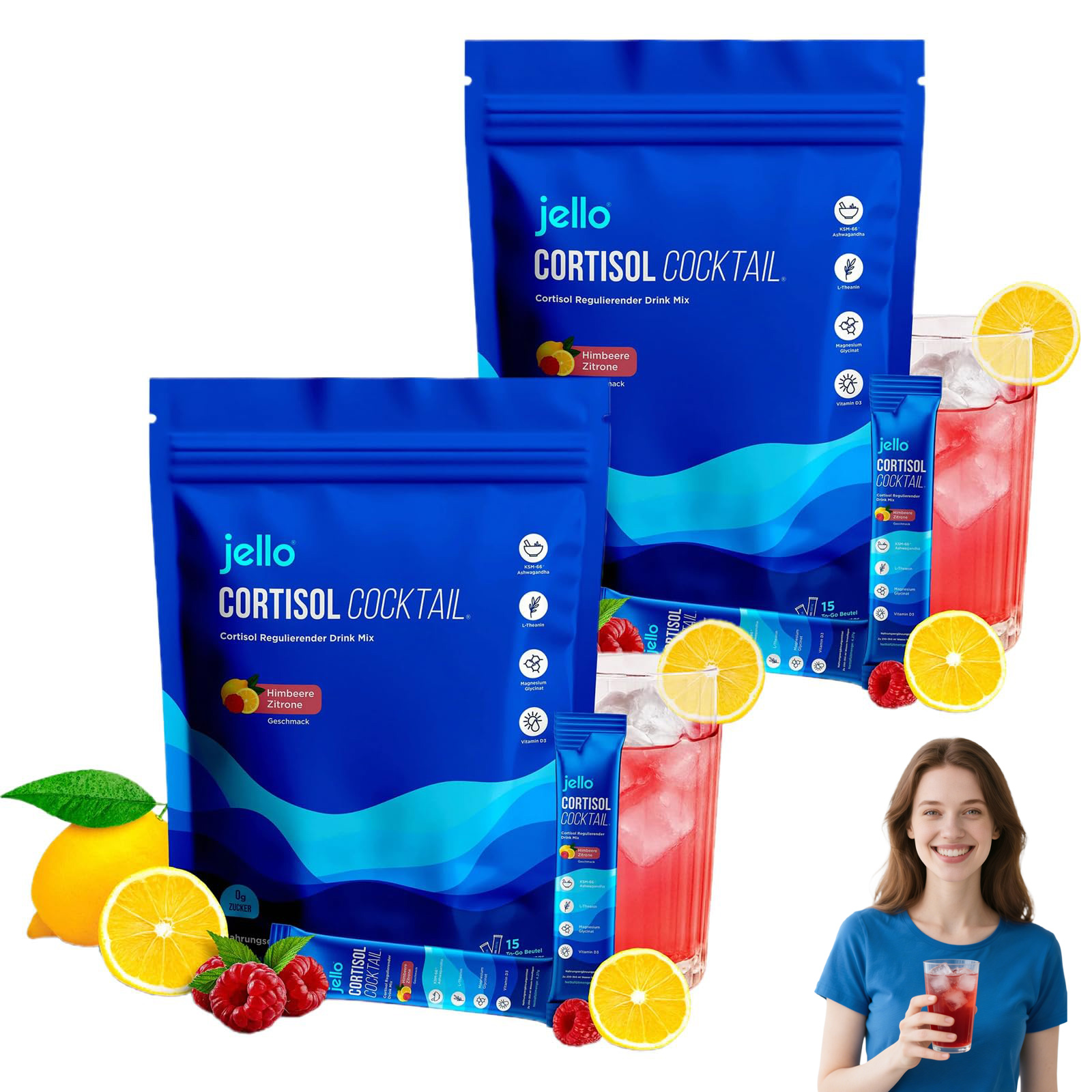 Jello Cortisol Cocktail Pulver, 20 Stück New Super Cortisol, Natürliche Supercalm cortisol pulver für Cortisol Senken, Konzentration Steigern, Entspannt Bleiben & Stress Natürlich Reduzieren
