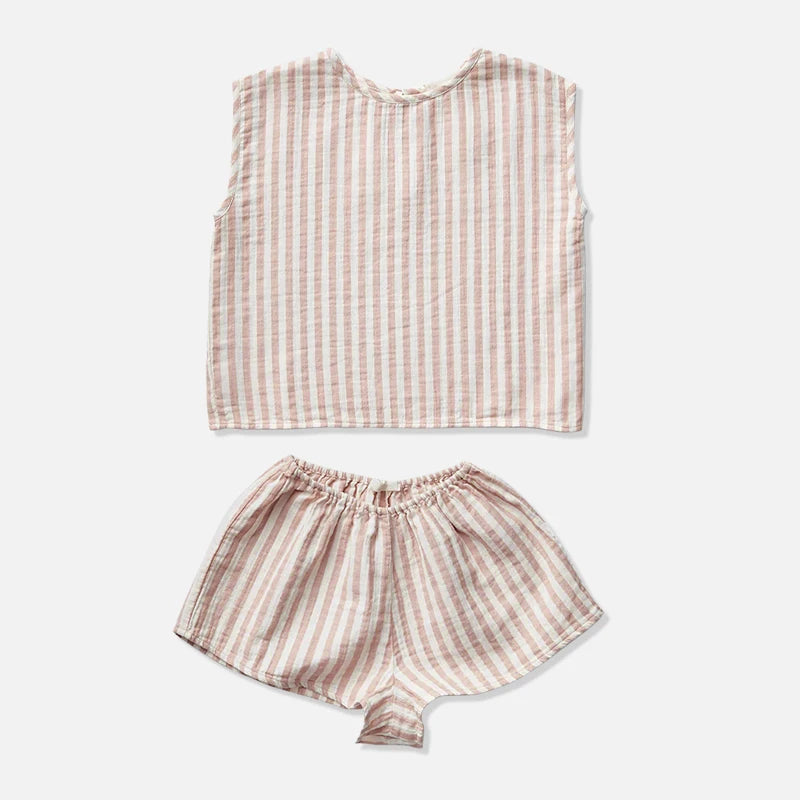 Classic Striped Sleeveless Girl's Suit 2024 Summer New Cotton Casual Mori Retro Children's Clothing Two Piece Sets