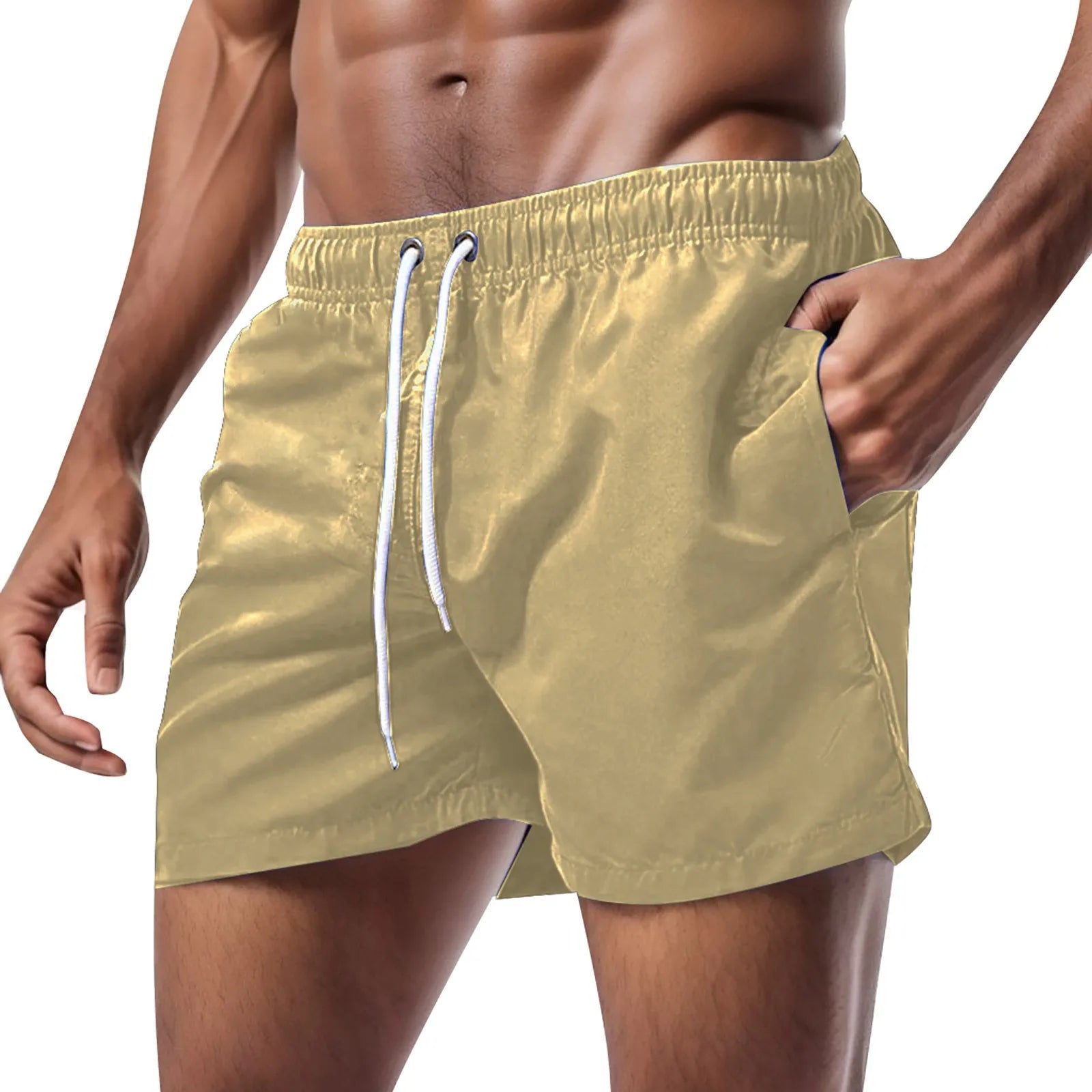 Summer Men'S Beach Shorts Fashion Solid Pocket Shorts Fitness Quick Dry Swimwear Beach Drawstring Breechcloth Bottoms