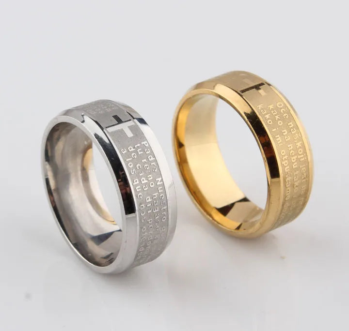 Bible Stainless Steel Ring Father Prayer Padre Nuestro Cross Rings 8mm Men Jewelry