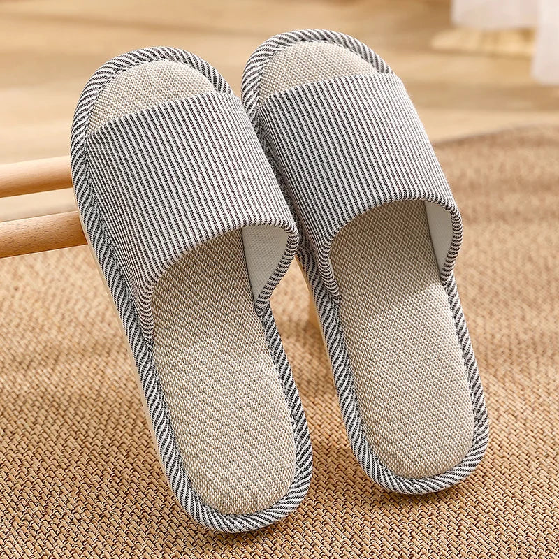 Linen Slippers Women Men Couples Home Non Slip Slides Breathable Shoes Casual House Bedroom Comfortable Cotton Hemp Flats