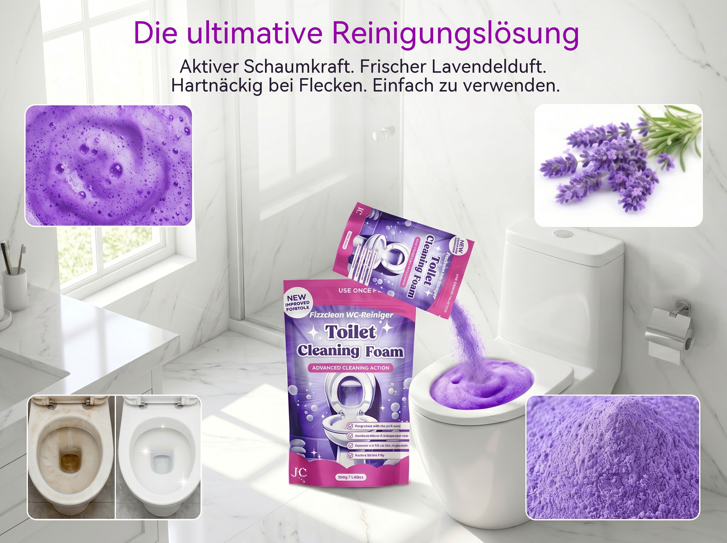 Fizzclean Wc-Reiniger Original, 2026 Neu Fizzclean WC Schaumreiniger, Toilettenschaum Extra Stark Reinigung, Lavendelgeschmack, 100g